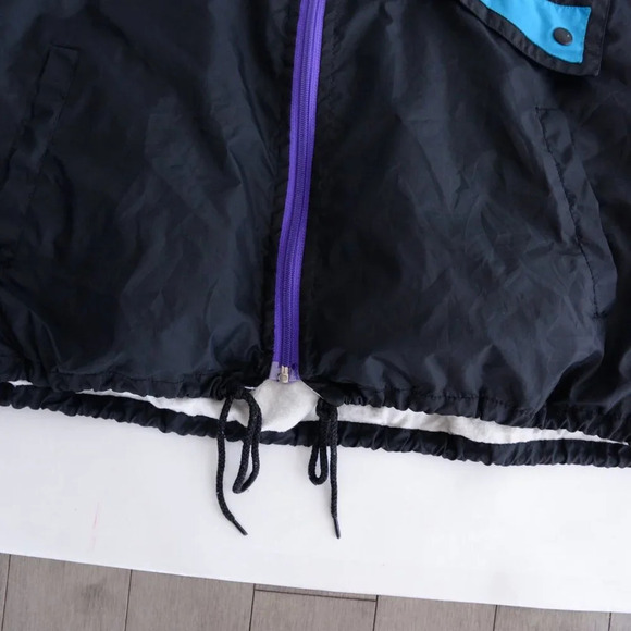80S Active Spirit Purple Teal Zip Up Nylon W/ Hidden Hood Lined Windbreaker Coat - Picture 7 of 14